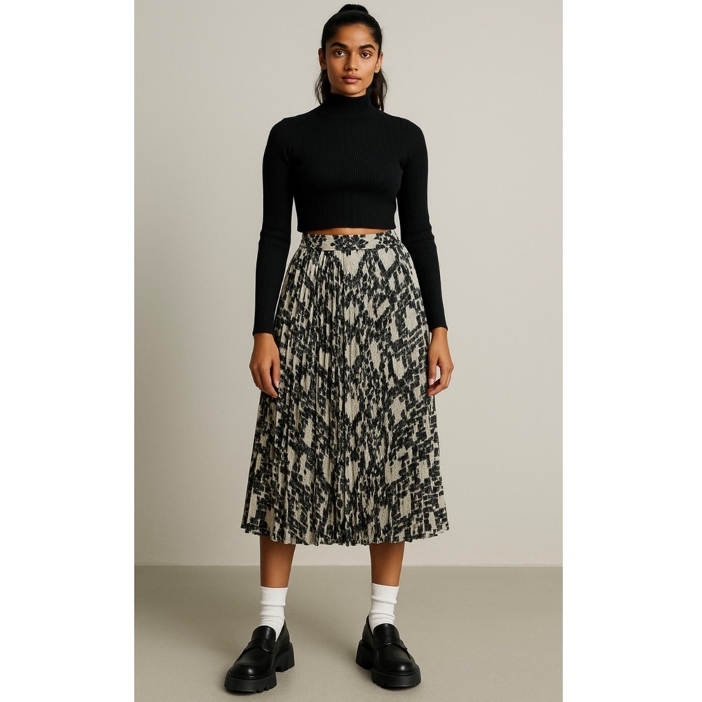 MOSCHINO Heart Logo Pixel Snake Print Tech Fabric Knife Pleated Midi Skirt 10